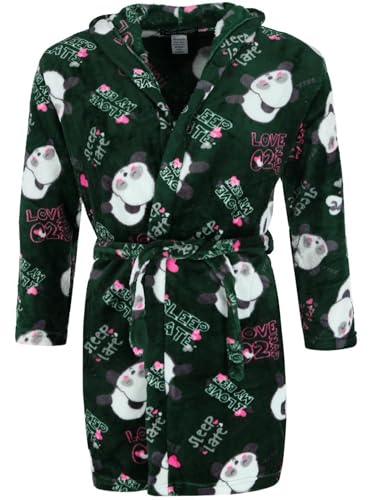Girl's Panda Print Hooded Plush Robe, 10/12, Green3