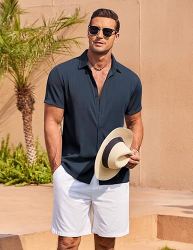 Image of CB-COLEBROOK Casual Shirt for Men|| Shirt for Men|| Men Stylish Shirt|| Men Vertical line Shirt|| Button Down Shirts Short Sleeve Fashion Textured Beach Summer Shirt Top