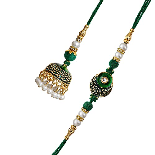 Image of eCraftIndia Multicolor Kundan Designer Rakhis for Brother and Bhabhi | Bhaiya Bhabhi Rakhi Set of 2