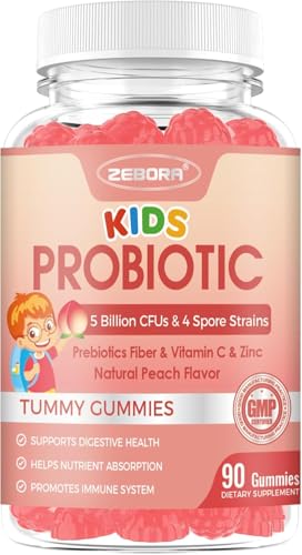 Kids Probiotic-Fiber Gummies Probiotics-Fiber Gummies for Kids with 5 Billion CFUs & Prebiotics for Digestive Health with Vitamin C and Zinc for Immune Support 45 Servings Natural Peach Flavor