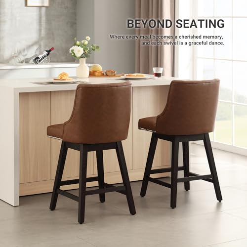 Busaurus Swivel Bar Stools Counter Height, 26\" Faux Leather Upholstered Swivel Counter Stools with Back Set of 4, Modern Kitchen Island Stools with Solid Wood Legs, Brown