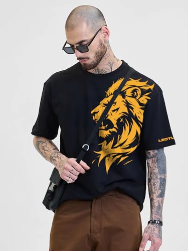 Image of LEOTUDE Men Oversized Graphic T-Shirt, Lion Print Cotton Half Sleeve Round Neck Casual T-Shirt for Men's (Color : Black)