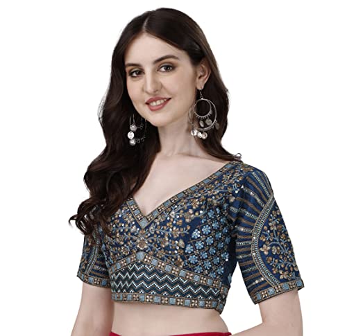 Image of Pujia Mills Mills Women's Fancy Readymade Heavy Coding Embroidary Worked Half Sleeve Multicolor Saree Blouse(Mushroom)