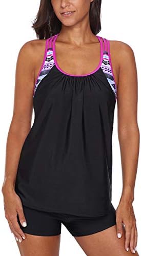 SEBOWEL Women Blouson Swim Top Strappy T-Back Push up Bathing Suit Tankini Top, Rose, L