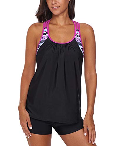 Sebowel Women Blouson Swim Top Strappy T-Back Push Up Bathing Suit Tankini Top, Rose, L #TOP2