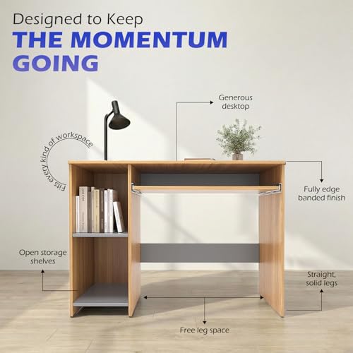 Image of 104x50x75CM Engineered Wood Study Table with Keyboard Tray & 2 Open Storage Shelves for Home, Office | Moisture Proof Computer, Laptop Table | 1 Year Warranty- Urban Teak&Grey