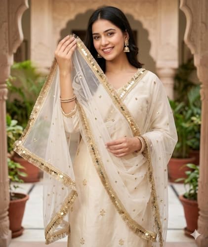 Image of Navti Creations Women's Lightweight Net Dupatta With Sequence Embroidery & Kiran Border (Length 2.25m)