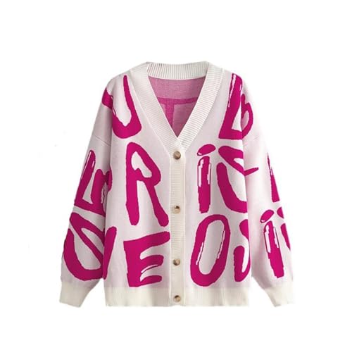 Image of Women's Knit Long Sleeve Open Front Cardigan V-Neck Button Down Letter Pattern Sweater Coat Outwear