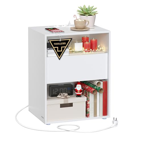 VASAGLE Montaje Ultrarrápido sin Herramientas Toolless, Mesita de Noche, Mesa Auxiliar con Función de Carga, con Cajón, Moderna, para Dormitorio, Sala de Estar, Blanco Mate LET777W04