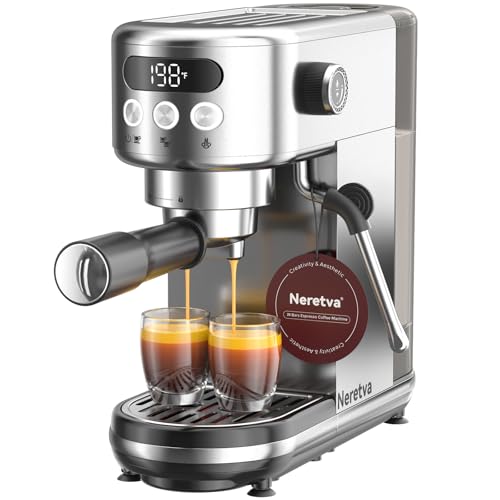 Neretva Espresso Machine 20 Bar, Super Compact Espresso Maker Stainless Steel Professional Coffee Machine Espresso with Power Steam & LED Display for Home Barista Latte and Cappuccino Maker