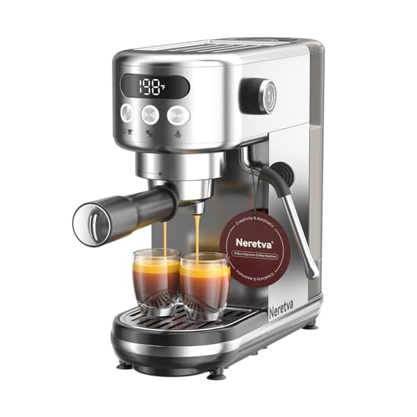 Neretva Espresso Machine 20 Bar, Super Compact Espresso Maker Stainless Steel Professional Coffee Machine Espresso with Power Steam & LED Display for Home Barista Latte and Cappuccino Maker