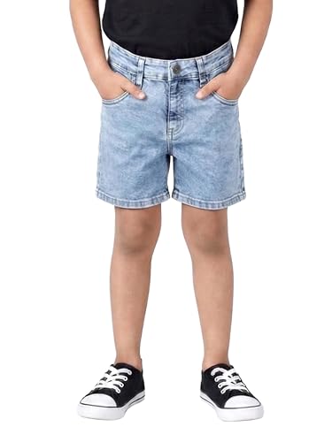 Image of KiddoPanti Boys Knee-Length Denim Shorts | Stretchable Cotton Poly Denim | Comfortable Fit with Button Elasticated Waistband & Zip Fly