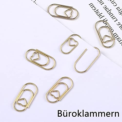 luckaide Büroklammern Herz Gold 130 Stück Büroklammern Set mit Transparentbox Klein Büroklammer Oval Motiv für Büro, Klassenzimmer, Aktenklammer
