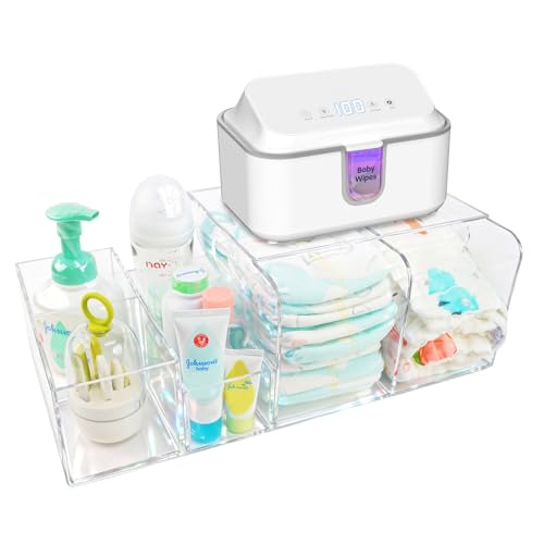 Image of Diaper Caddy Acrylic, Baby Changing Table Organizer, Dresser Tabletop Organizer with 4 Detachable Compartments, Storage for Wipe Dispenser, Anti-slip Rubber Feet, Newborn Baby Essentials, Transparent