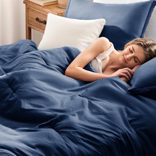 Image of Quataly Oversized Queen Comforter Set Prewashed Lightweight Quilted Bedding | 3PCS Navyblue Breathable Down Alternative Bedding Set with 1 Solid Comforter (98 inchx98 inch) and 2 Soft Pillowcases