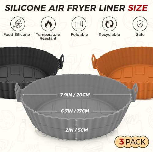 Image of Air Fryer Liners Pack of 2 - Round 8 Inch Silicone Air Fryer Liner, Reusable Baking Tray, Food Grade BPA Free, Heat Resistant 240C, Nonstick Pot with Handles, Fits 4-7 QT-Multicolor