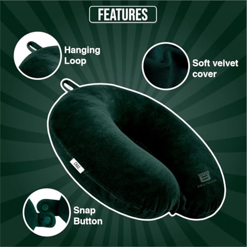 Image of CRAE Travel Neck Pillow for Men & Women | Soft Fibre Cushion for Flight, Car & Train | Soft Velvet Fabric with Attachable Snap Strap | Cervical Support for Neck Pain Relief.Pack of 1(Bottle Grn)