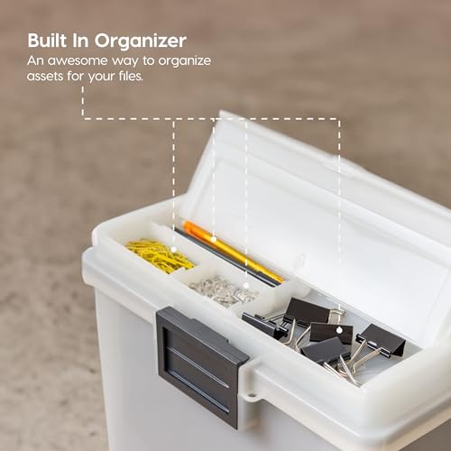 Image of IRIS USA WeatherPro Portable File Box Organizer, 19 Qt. Pearl | Store and transport letter size files, documents and records with weather resistant protection and secure latching