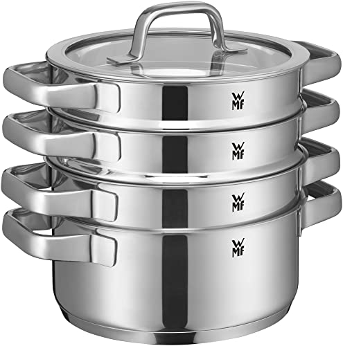 WMF Compact Cuisine Topfset Induktion 4-teilig, Kochtopf Set mit Glasdeckel, Cromargan Edelstahl poliert, Töpfe Set unbeschichtet, Innenskalierung
