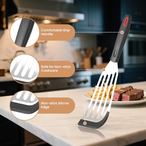 2Pack Silicone Fish Spatulas for Nonstick Cookware,Fish Turner Spatula Stainless Steel with Heat Resistant Silicone Edge,Metal Slotted Spatula for Flipping Fish Egg Patties Fries Pancake Steak (Black) by Ecerangus - Image 3