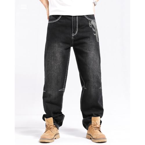 Mens Hip Hop Baggy Jeans Embroidery Wide Leg Skater Denim Pants Loose Long Trousers4