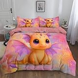 Rosa Bettwäsche 180 x 200 cm Damen Mädchen Bettbezug Fantasy Stil Cartoon Drache Weich Baumwolle...