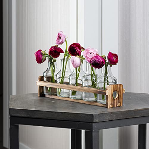 Glass Flower Vase With Wooden Holder, & 5 Bud Vases For Flowers, Set For Home Décor, Wedding Decorations, Table Décor, Kitchen, Bathroom, Bedroom, Shelf Décor - Modern Vase For Flower Arrangement. #TOP2