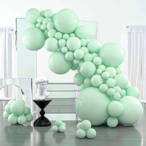 Image of PartyWoo Mint Green Balloons 100 pcs Different Sizes Pack of 36 18 12 10 5 Inch Pastel Light Green Peppermint Balloon Arch Kit Garland for Graduation Baby Shower Birthday Party Decorations Green-Q06