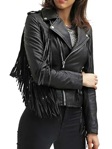 Women's Stylish Fringe Genuine Biker Leather Jacket - Classic Black Tassel Motorcycle Leather Jacket2