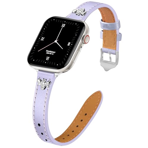 Image of JR.DM Slim Leather Bands Compatible with Apple Watch Band 38mm 40mm 41mm 42mm 44mm 45mm 46mm 49mm, Genuine Leather Band with Charms, Feminine Design for Iwatch Ultra SE Series 11 10 9 8 7 6 5 4 3 2 1