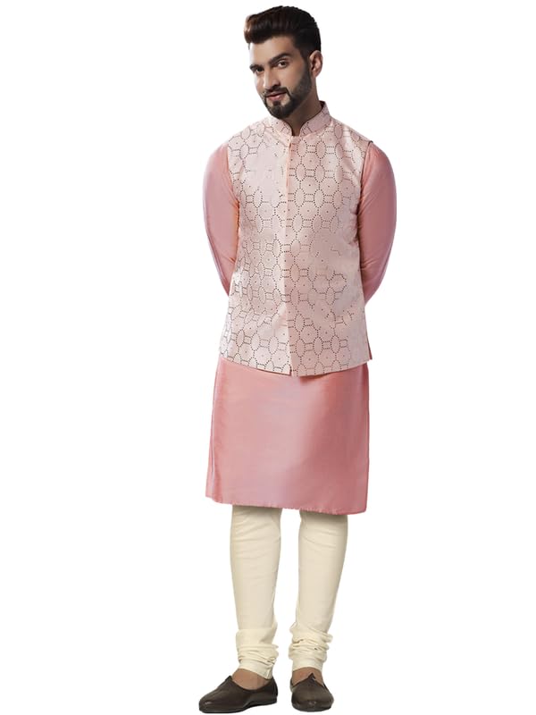 Image of KISAH Men Printed Kurta Jacket Set, Full Sleaves, Knee Length, Straight, Regular Fit, Mandarin Collar Ethnic Wear
