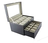 Tiene una llave y cerradura Relojes Caja para Padre Hombre: Reloj Regalo Cajas Joyero Estuche Madera - Organizador Regalos para Padres Cumpleaños Relojero de Viaje - 2 Pisos Almacenamiento Guardar Mujer con 20 Estuches  Negra