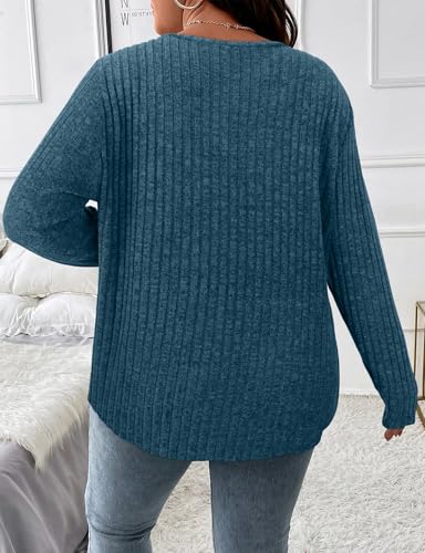 Image of Koscacy Women Plus Size Casual Knit Sweater with Pocket V Neck Solid Color Tops Lightweight Long Sleeve Blouses