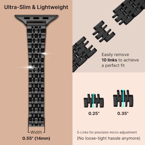 Image of Fullmosa Slim Metal Band for Apple Watch 42(S10 /11) 41 40 38mm, Black | Steel Replacement Strap for iWatch SE 3 /2 /1 Series 9 /8 /7 /6 /5 /4 /3 2 /1 Women (NO WATCH)