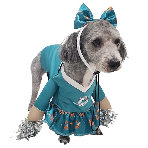 NFL Miami Dolphins Officially Licensed Cheer Dog Costume by MODERN HERO Includes Dress with Faux Stuffed arms and Tinsel pom-poms and Satin Bow Headband, Size S