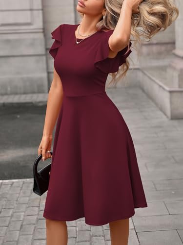 Image of MSLG Women's Fit and Flare Ruffle Short Sleeves Dresses Work V-Back Cocktail Semi Formal A Line Dress with Pockets 842