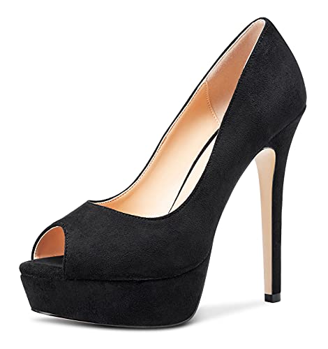 NobleOnly Mujer Plataforma Peep Toe Forro de Piel Zapatos de Tacón 13CM High Heels Pumps Negro Ante Zapatos EU44