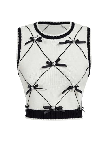 WDIRARA Women's Bow Sweater Vest Contrast Binding Sleeveless Pullover Knit Crop Tops