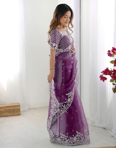 Image of SIRIL Women's Organza Sequence Embroidery Saree With Unstitched Blouse Piece