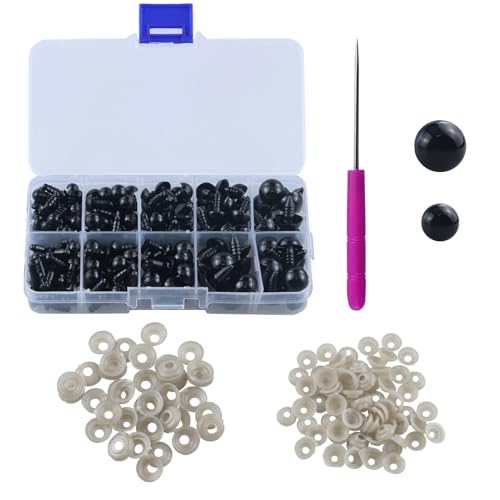 JRSHIRLEYLTD 200 Piezas Ojos Seguridad con Arandelas 6-12mm,Ojos Juguete Plástico Negro,Arandelas Ojos Seguridad,Ojos Seguridad Redondos Muñecas Costura Decoración,para Juguetes Peluche