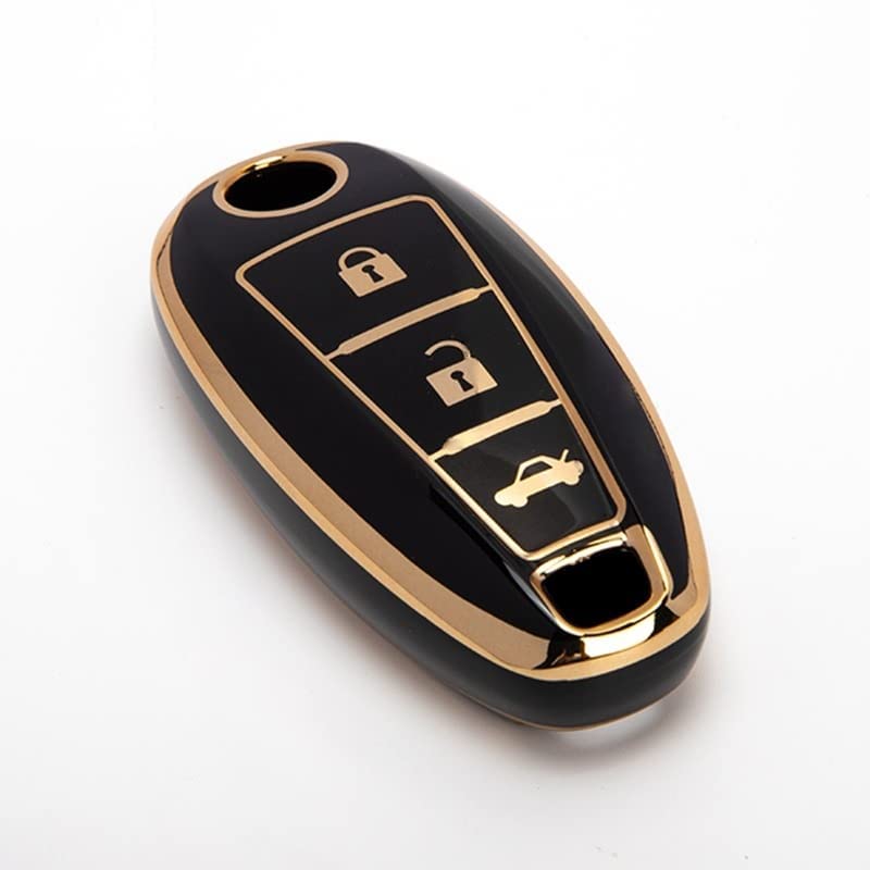 KE Products Gold Border TPU Key Cover Compatible with Maruti Suzuki 2 and 3 Button Baleno Ciaz Vitara Brezza S Cross Swift Ignis and Toyota Urban Cruiser Smart Key (Black)