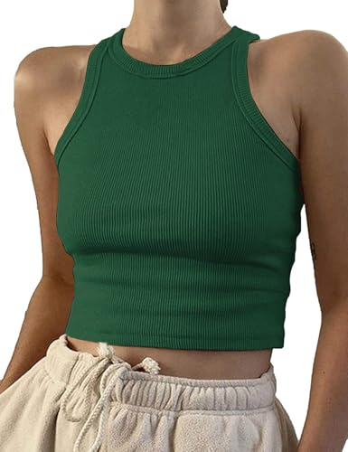 Image of Artfish Women Casual Basic Sleeveless High Neck Rib-Knit Y2k Crop Tank Top