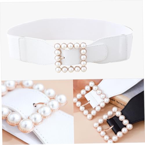 Pearl Waistband Belt with Square Buckle Elastic Ladies Decorative Cummerbund for Dresses Alloy Material White Fashion Accessory for Skirts and Pants3
