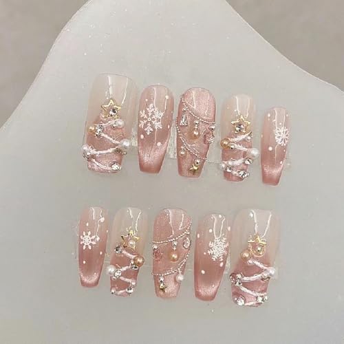 Christmas Press on Nails Long Square Handmade Fake Nails with 3D Xmas Tree Light Pearl Rhinestone Design Pink Glitter Xmas False Nail Winter Snowflake Glue on Nail Holiday Stick on Nails for Women