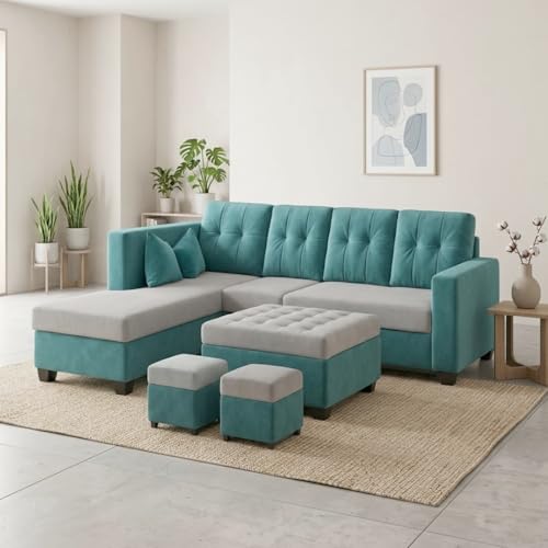Image of FURNY Nathan 8 Seater L Shape Sofa Set LHS (Sky Blue-Light Grey) | Suede Velvet Finish | Durable Comfort Sofa for Modern Living Room & Office Spaces