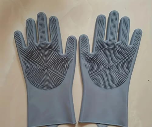 Onlineforu lTD Magic Cleaning Gloves Grey Reusable Silicone Cleaning Gloves Dishwashing Scrubber ，Dish Wash Scrubbing Sponge Gloves with Bristles, Great for Washing