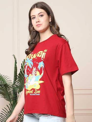 Image of Fabflee Oversized Cotton Baggy Drop Shoulder Graphic Tee with Half Sleeves | Korean Casual Loose T-Shirt for Women
