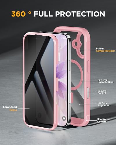 Image of Miracase for iPhone 17 Case with Privacy Screen Protector, Light Pink | Compatible with MagSafe, 360 Full Body Protection, Full Camera Protection, Military-Grade Shockproof Phone Case 6.3 inch