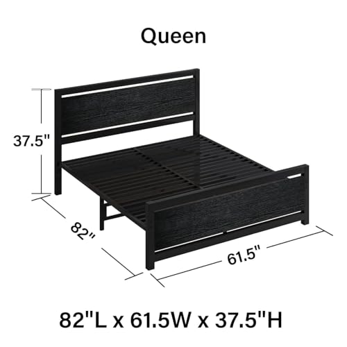 Image of Catrimown Queen Bed Frame with Headboard, Queen Metal Platform Bed Frame with Steel Slat Support, 10.5 in Storage Clearance, No Box Spring Needed, Easy Assembly, Black