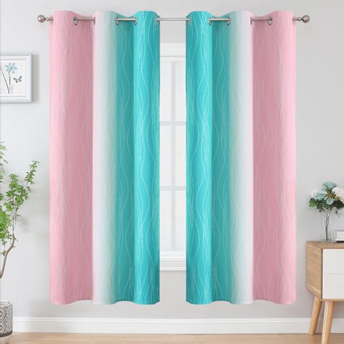 Estelar Textiler Teal and Pink Ombre Blackout Curtains for Bedroom, Full Room Darkening Grommet Curtains for Living Room, Thermal Insulated Light Blocking Gradient Drapes, 42Wx72L, 2 Panels